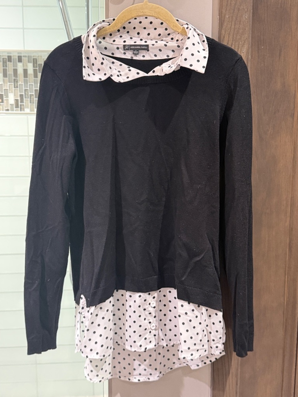 Adrianna Papell Black Layered Sweater with White Polka Dot Trim